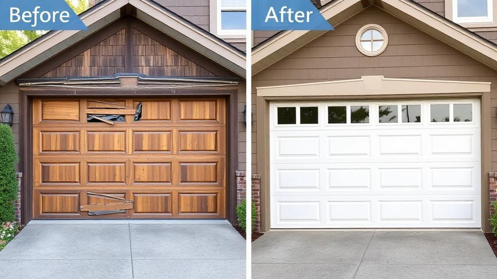 Before and after garage door installation showing dramatic improvement