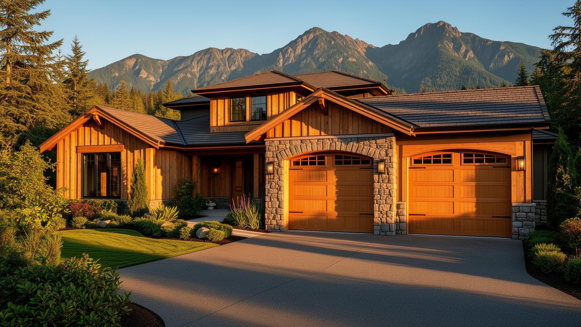 Beautiful Pacific Northwest home with elegant Tuscan inspired garage doors and stone surround